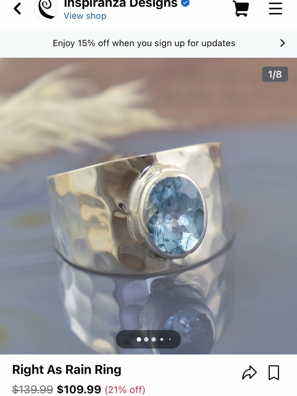 Right As Rain Blue Topaz Hammered Silver Ring